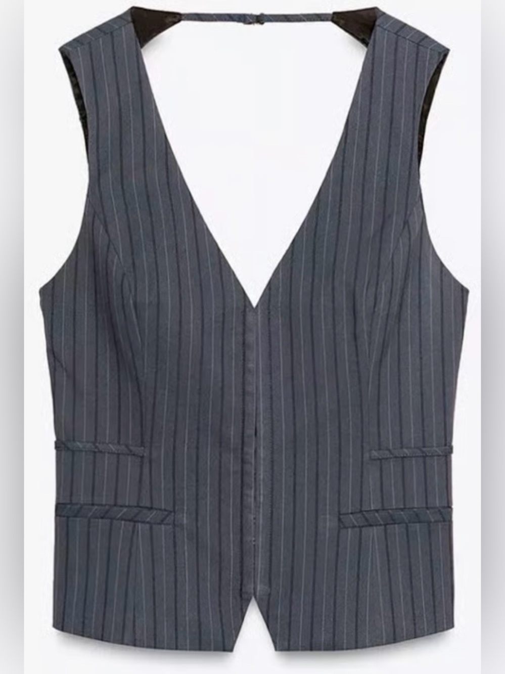 ZARA Open Back Vest Pinstriped Blue Gray Small NWOT